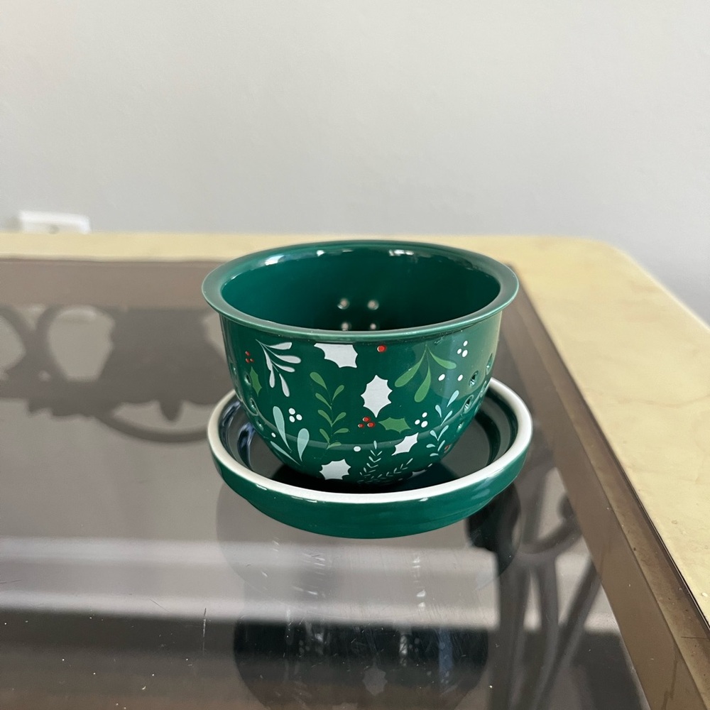 Festive Green Ceramic Bowl with Saucer